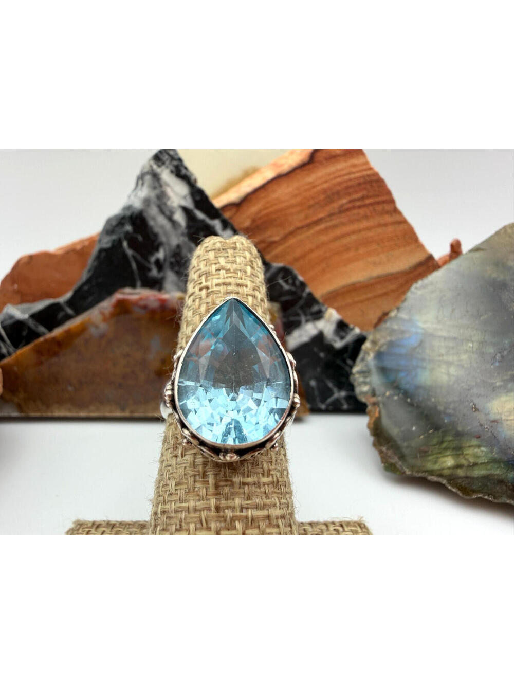 Vintage Blue Topaz Teardrop Sterling Silver Stamped 925 BA Ring Size 5